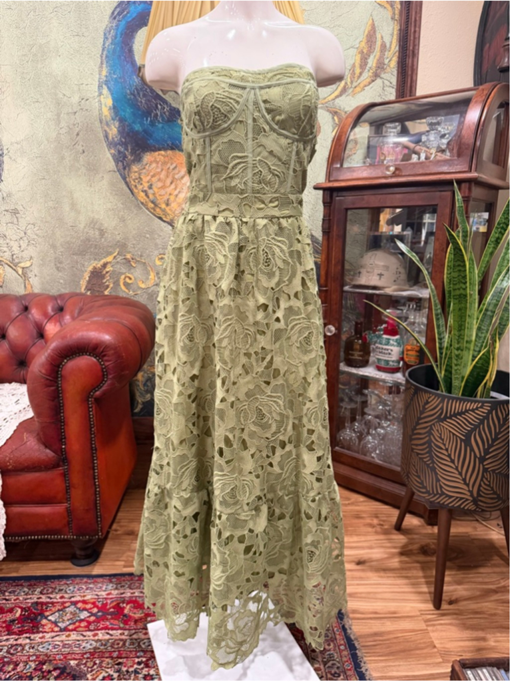 Glam Sage Green Lace Corset Maxi Dress Strapless Cutout Crochet Floral XL Summer - Picture 3 of 11